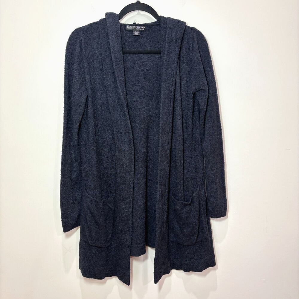 Barefoot Dreams Cozychic Lite Hooded Cardigan Pockets Black sz XS/S Soft Relaxed